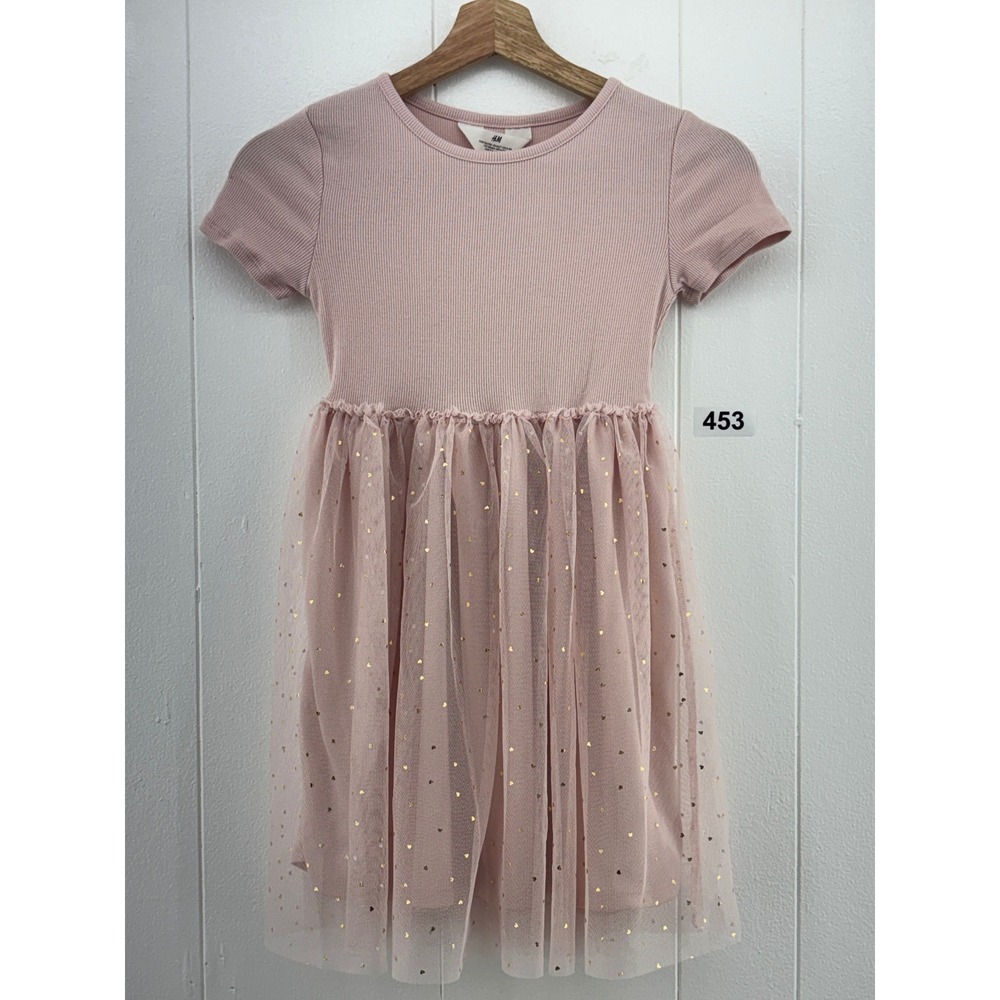 HM Girls Pink Ribbed Tulle Heart Dress Short Sleeve Size 6-8Y NEW